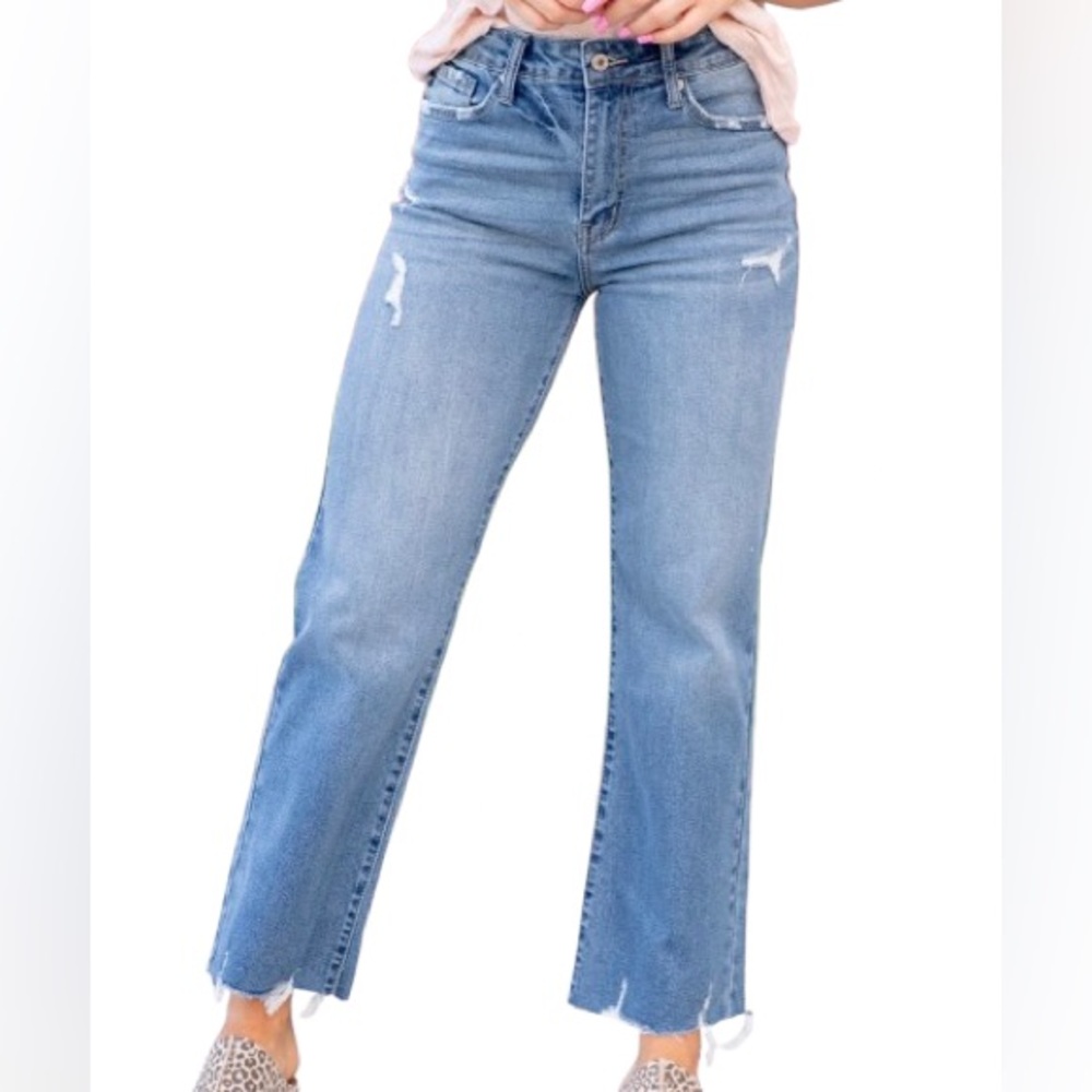 KanCan Boho Babe High Rise Slim Wide Leg Jeans Blue Wash Distressed Women's 29